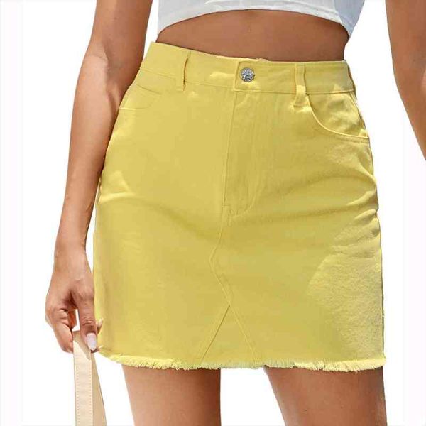 

summer women mini skirts high waist yellow denim female all-match zipper fly frayed hem streetwear indie slim solid skirt, Black
