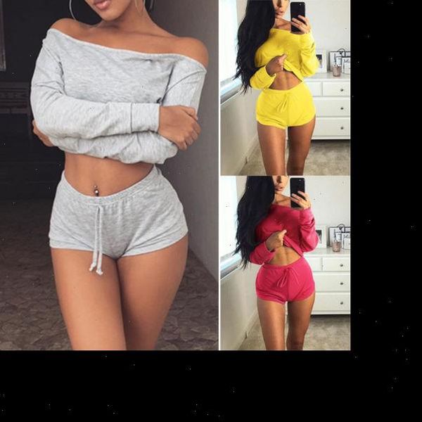 

summer women womens tracksuits 2pcs solid off shoulder long sleeve crop shorts jumpsuit clothes outfits, Gray