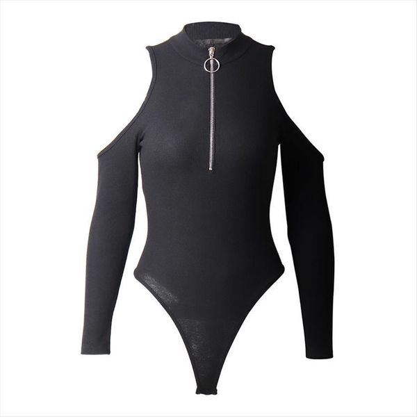 

boycon club bodysuit elastic skinny women jumpsuits bodysuits playsuit black long sleeve zipper hollow shoulder, Black;white