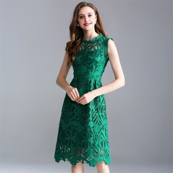 

summer new european and american large size women's solid color sleeveless openwork embroidery lace a word dress 210409, Black;gray