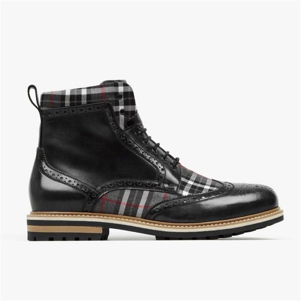 

winter men's pu stitched plaid winter boots casual oxford boots comfortable, warm and antiskid martin boots zz334 211106, Black