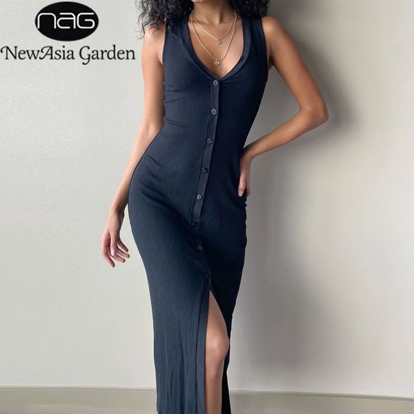 

newasia ribbed knit white dress v neck sleeveless split buttons up midi club dresses casual clothes for women vestidos 210413, Black;gray