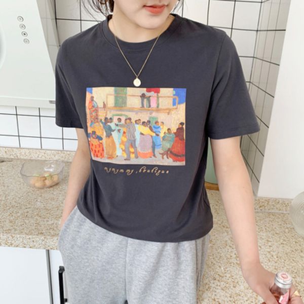 

women's t-shirt 2021 summer vintage oil painting print woman t-shirts loose casual short sleeve cotton oversize women 100% fd, White
