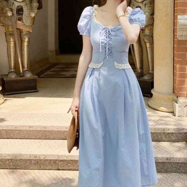

puff sleeve high waist retro womens dress square collar a-line long summer elegant female clothes designer korean, Black;gray