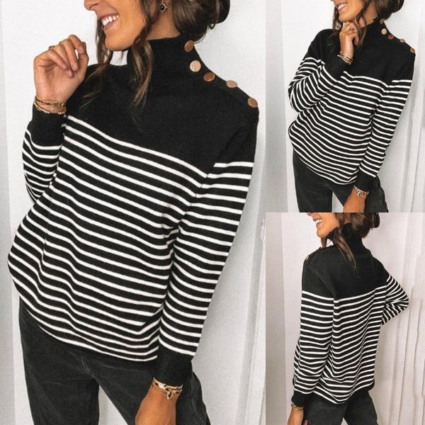 

women's sweaters winter striped knitted women sweater 2021 fashion vintage turtleneck button slim, White;black