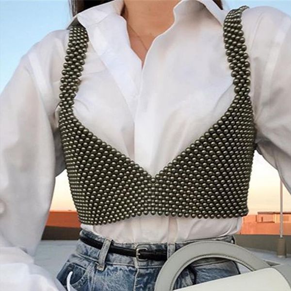 

corset y2k gothic womens tanks camisole beaded summer corp pearls bustier tank mujer blusas club party festival, White