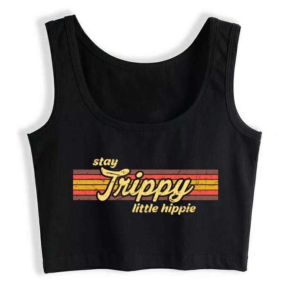 Crop Top Female Stay Trippy Little Hippie Clothes Black Print Tank Tube 210607