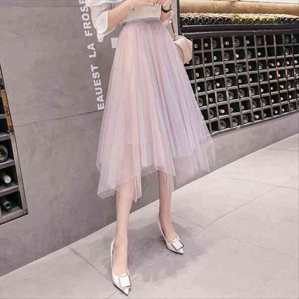 

tingyili pink black mesh skirts womens summer asymmetrical tulle skirt long