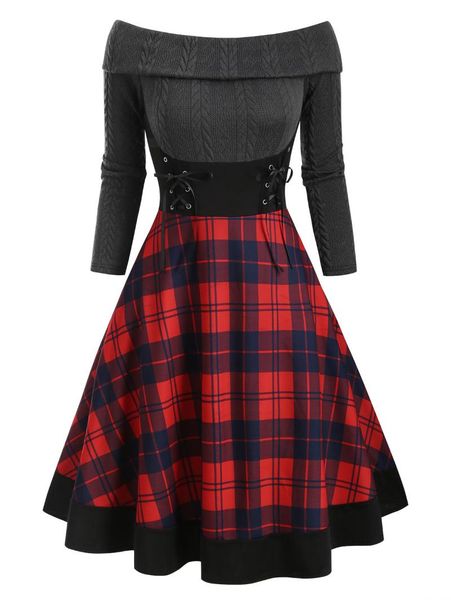 

casual dresses plaid foldover off shoulder lace up dress patchwork long sleeve a-line printed vintage ladies autumn red, Black;gray