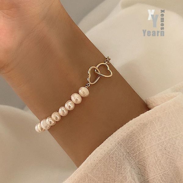 

charm bracelets stainless steel hear splicing pearl for woman in 2021 korean fashion jewelry elegant simple accessories girls bracelet, Golden;silver