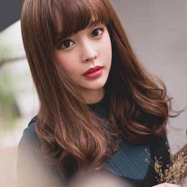 

female short pear flower head medium long curly hair air bangs trim face wig, Black