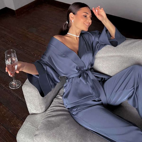 

hechan solid women robes with sashes 2 piece set wrist sleep satin pants loose pajamas casual sleepwear female home suits 210928, Black;red