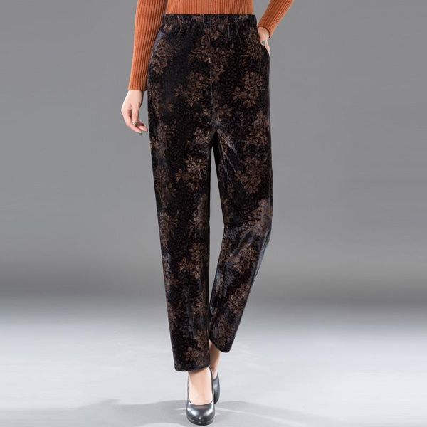 

mature flower velvet autumn spring womens pant velour straight trouser chinese mother full length casual elastic waist bottoms plus size, Black;white