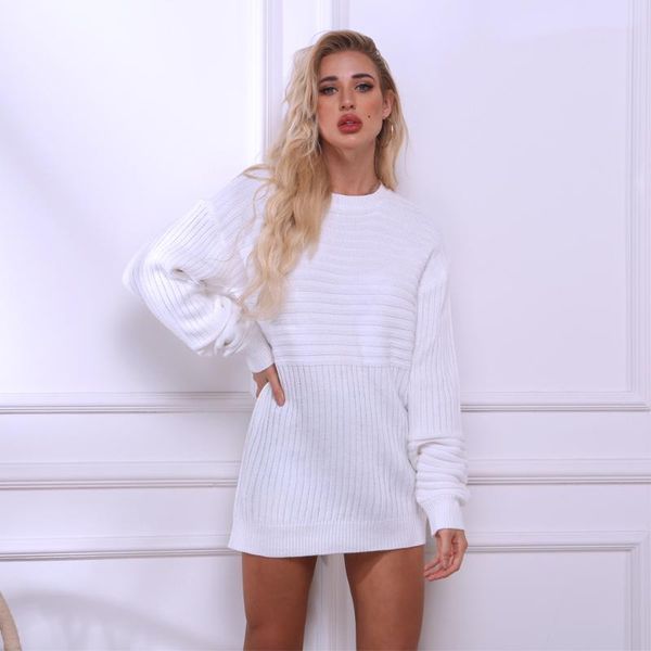 

women's sweaters women casual oversize loose knitted long sweater solid color o-neck sleeve autumn winter basic elegant, White;black