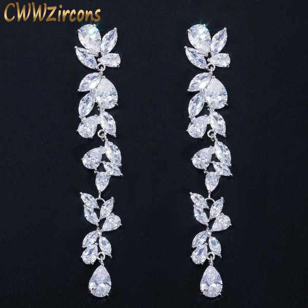 

luxury white cubic zirconia gorgeous leaf flower long dangle drop earrings for women bridal wedding brincos cz571 210714, Silver