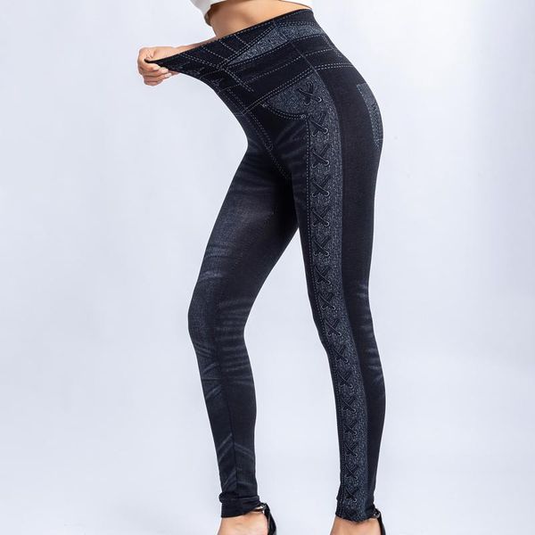 

women's leggings 2021 summer high waist seamless tights imitation denim side printed hip raising capris, Black