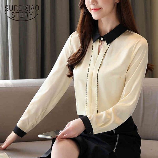 

fashion solid loose elegant women and blouse office lady long sleeve silk chiffon blusas mujer de moda 8390 50 210508, White