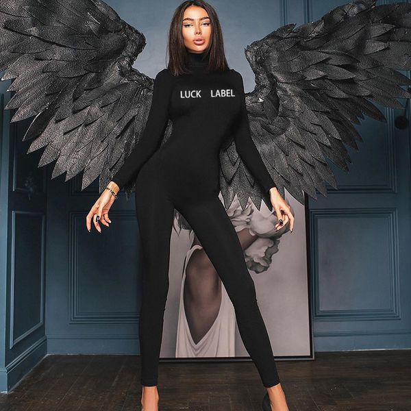 

propcm sports jumpsuit letter print long sleeve one piece outfit black white high waist body femme rompers fitness overalls club party