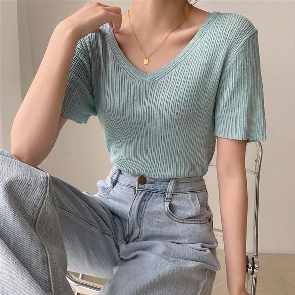 

women's t-shirt solid color knit short-sleeved fashion v-neck summer women slim knitted tees office lady casual basic t-shirts, White