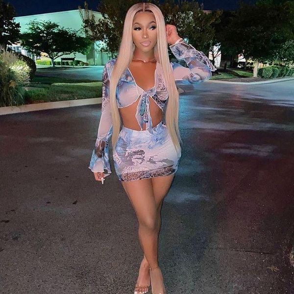 

women's tracksuits spring/summer products transparent mesh printing two-piece set wrapped chest elastic band short, Gray