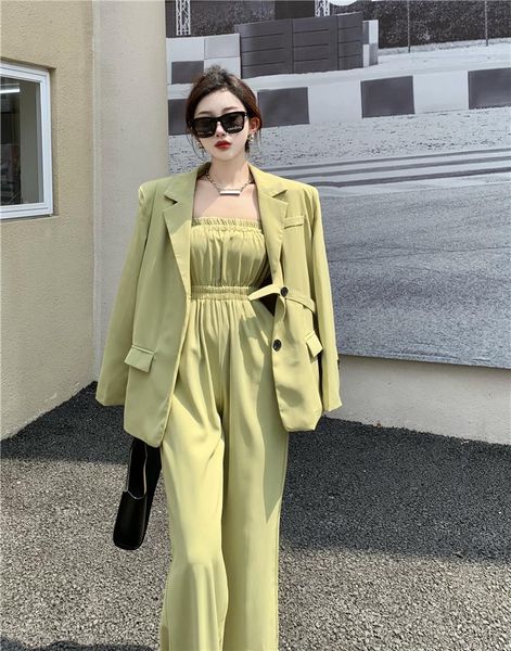 

women's two piece pants elegant office green suit sets two-piece set autumn tube jumpsuit blazer jacket rompers playsuit female outfit, White