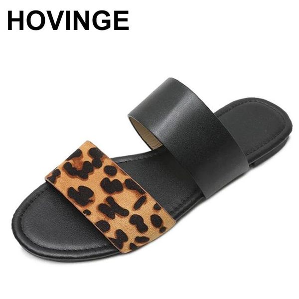 

slippers hovinge 2021 fashion leopard women female summer outdoor casual beach shoes slip on open toe flat ladies slipper, Black