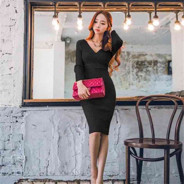 

casual knitted sweater dress for women winter female long sleeve office lady maxi pullovers 210603, Black;gray