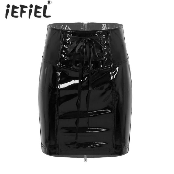 

skirts women glossy patent leather lace-up mini skirt ladies high waist wet look leotard pencil casual wear for nightclub, Black