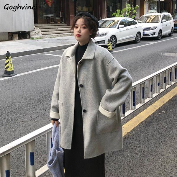 

women's wool & blends women coats thicken solid lovely female student simple loose turn-down collar all-match overcoat chic, Black