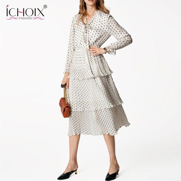 

casual dresses ichoix 2021 arrivals fashion ladies office dress long sleeve dot chiffon elegant party home clothings vestidos, Black;gray