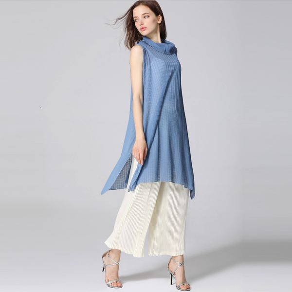 

knits miyake fashion sleeveless turtleneck office lady leopard perspective thin section fold long t-shirt, White