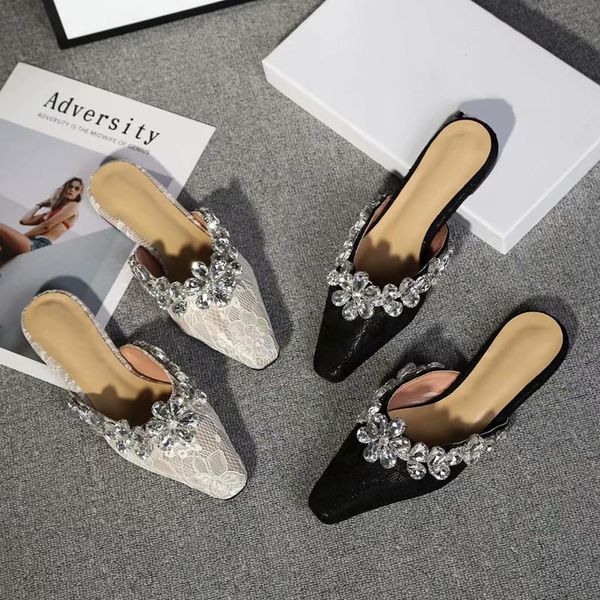 

slippers female slipper spring autumn comfortable casual women slides mule shoes rhinestone decor genuine leather, Black