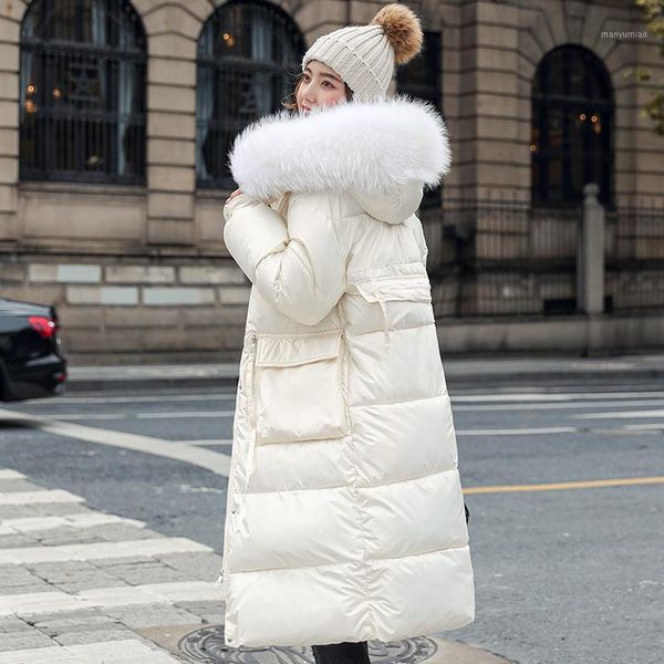 

women's down & parkas women winter jacket shining fabric cotton padded warm thicken long coat big fur collar hooded fashion parka femal, Black
