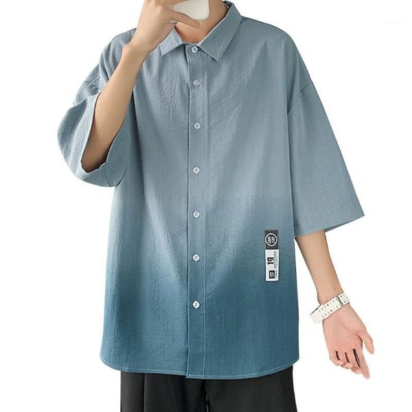 

men's casual shirts 066f mens summer short sleeve button down harajuku gradient color printed loose blouse lapel holiday streetwear, White;black