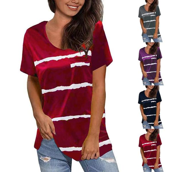 

women's t-shirt clothing spring and summer fashion tie-dye printed striped loose short-sleeved 2021, White
