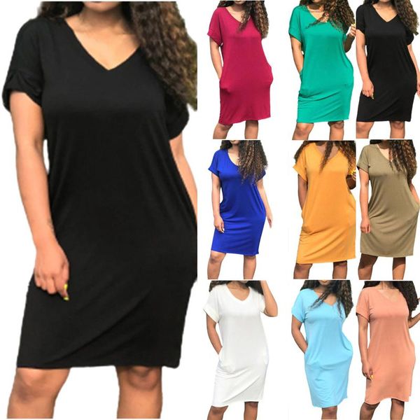 

casual dresses fashion for women solid ladies plus size short sleeve v-neck pockets summer female dress daily vestido de mujer, Black;gray