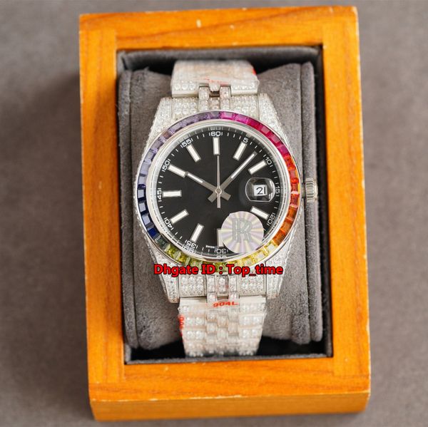 

rrf luxury watches 41mm iced out full diamonds cal.3135 automatic mens watch sapphire rainbow bezel black dial diamond stainless steel brace, Slivery;brown