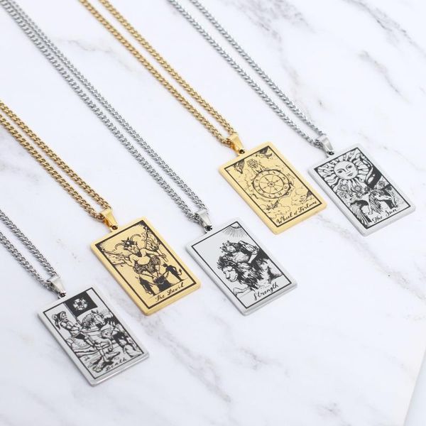 

pendant necklaces 22 tarot cards stainless steel necklace card major arcana zodiac sign witchcraft men gift, Silver