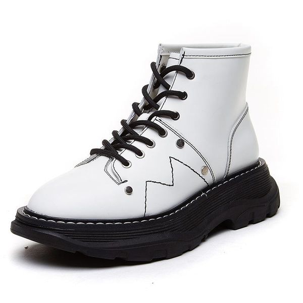 

boots leather female thick-soled solid color lace round head short women, Black