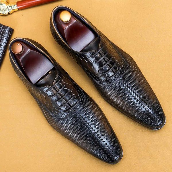 

dress shoes genuine leather formal men's cow man shoe male wedding oxford 2021 products serpentine embossing handmade daily, Black
