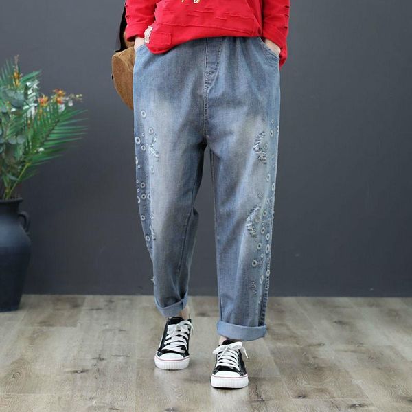 

women's jeans spring summer fashion boyfriend for women vintage embroidery high waist woman denim blue loose harem femme