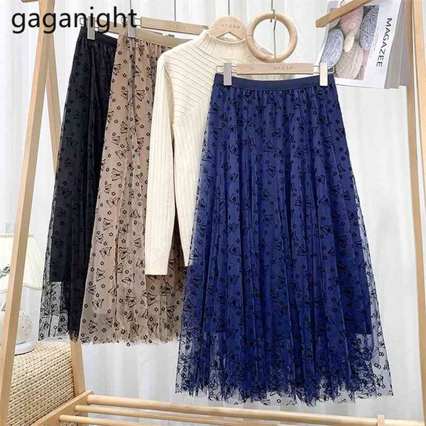 

flocked butterfly women long skirt double layed mesh chic office lady faldas a line high waist girl spring 210601, Black