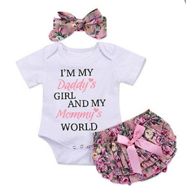 

3pcs/set short sleeve rompers suit kid lovely color matching bow printing letter floral print headband baby girls shorts clothing sets, White