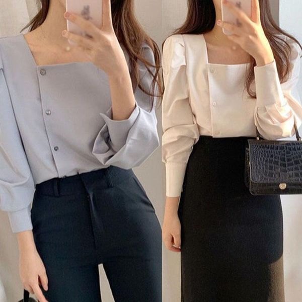

gentle and elegant square collar leaking clavicle single breasted temperament all-match lantern sleeve shirt women's blouses & shirts, White