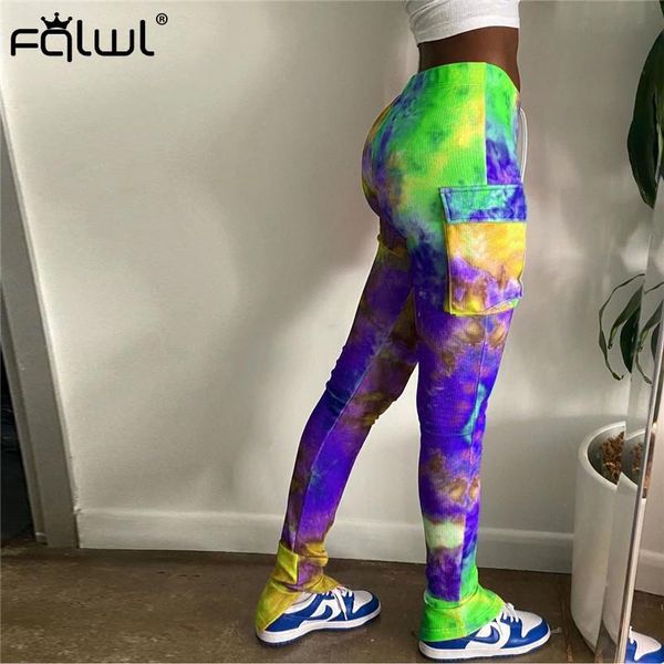 

women's pants & capris fqlwl tie dye print streetwear stacked women joggers pockets fitness high waist female ladies trousers bodycon, Black;white