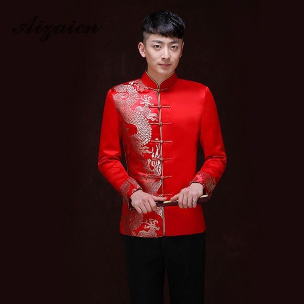 

ethnic clothing traditional chinese for men wedding ancient costume dragon cheongsam long sleeve tunic suit mens clothes lzx5, Red