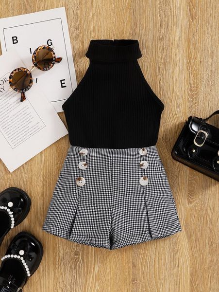 

baby rib-knit halter & houndstooth split hem shorts she, White