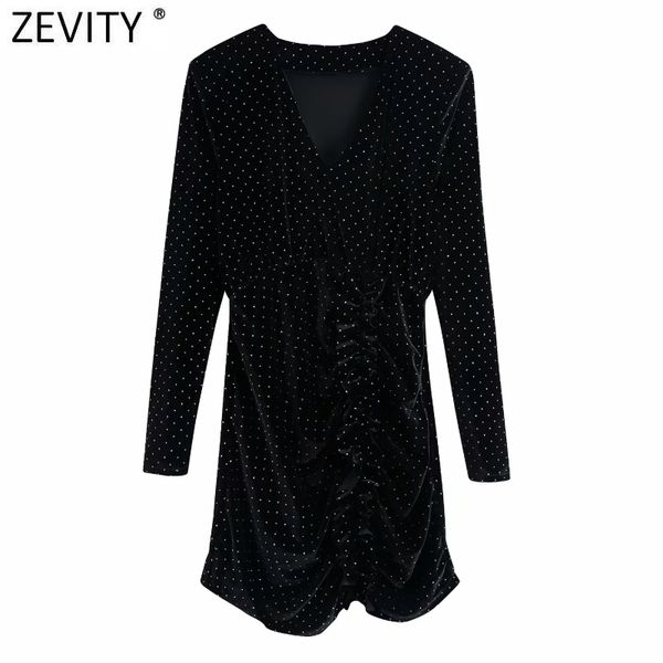 

zevity women v neck sequins decoration velvet slim mini dress femme chic hem pleated ruffles brand party vestido ds4868 210419, Black;gray