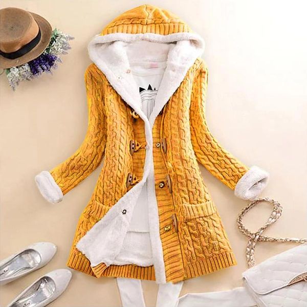 

women's knits & tees ladies winter hooded fleece liner cardigan knitted sweater coat women thick warm long sleeve knit weave jacket g2, White