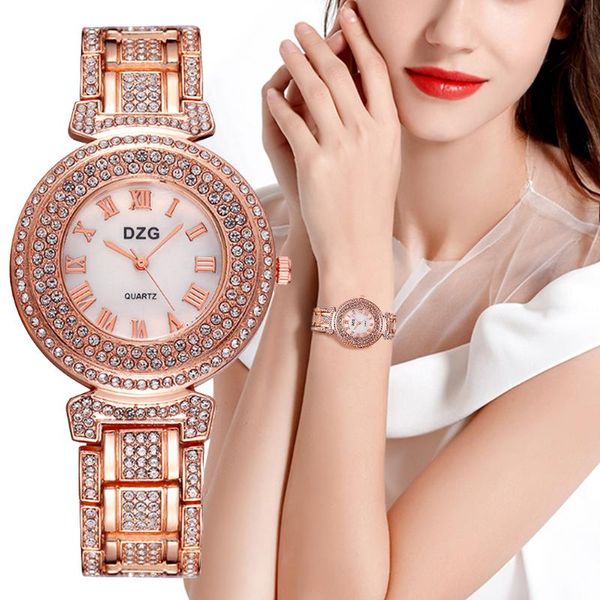 

wristwatches 2021 rose gold roma diamond watch luxury women rhinestone quartz casual stainless steel female clock, Slivery;brown
